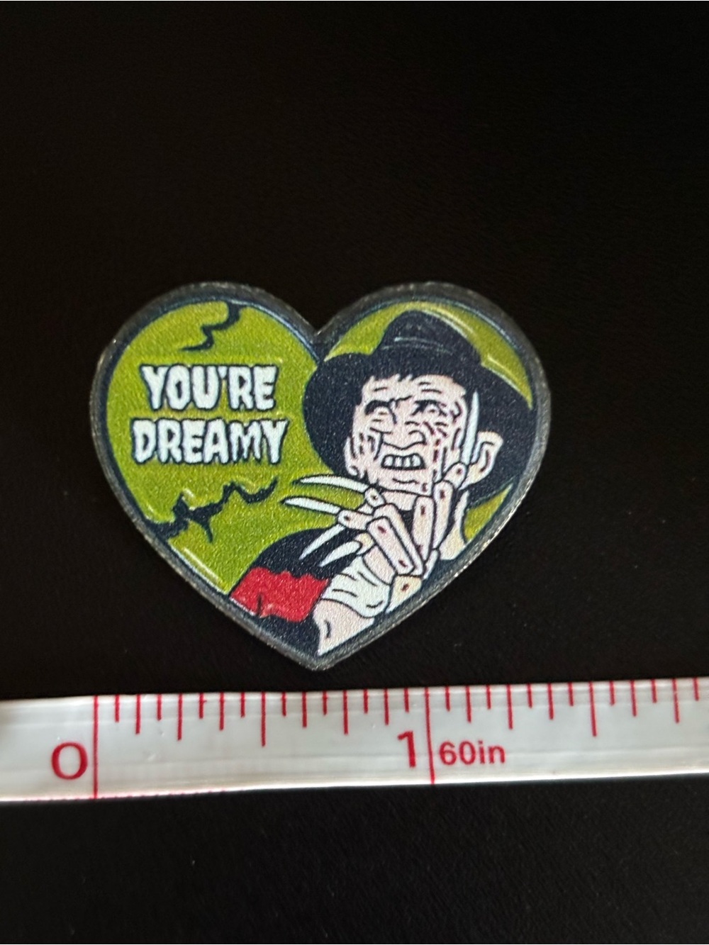 Freddy Kruger Heart-Shaped 'You're Dreamy' Decorative Pin in Green and Black